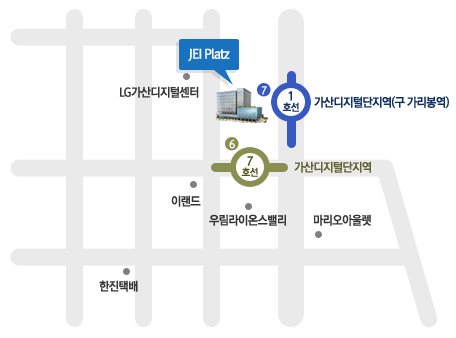 제이플라츠 약도 : 1.지하철 1호선 7번출구로 나오면 우측에 위치. 2.지하철 7호선 6번출구에서 직진, 도보 1분 거리